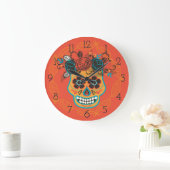 死んだ砂糖の日スカル、オレンジ ラージ壁時計 (ホーム)