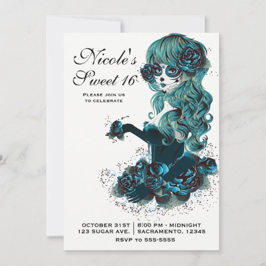 死んだ美しい砂糖のスカルメイクアップガールの日 招待状 (正面)