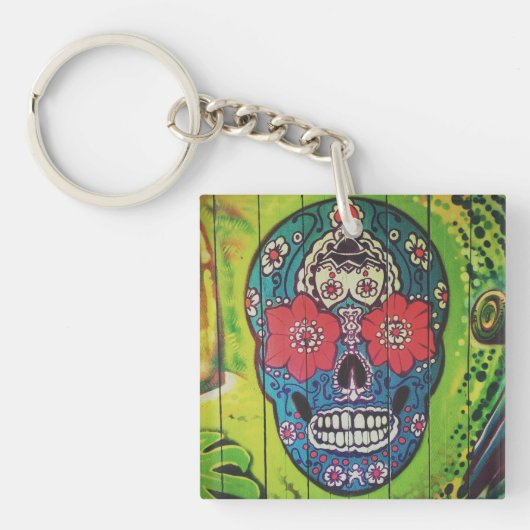 死んだ青とファンキー緑の砂糖スカルKの日 キーホルダー (正面)