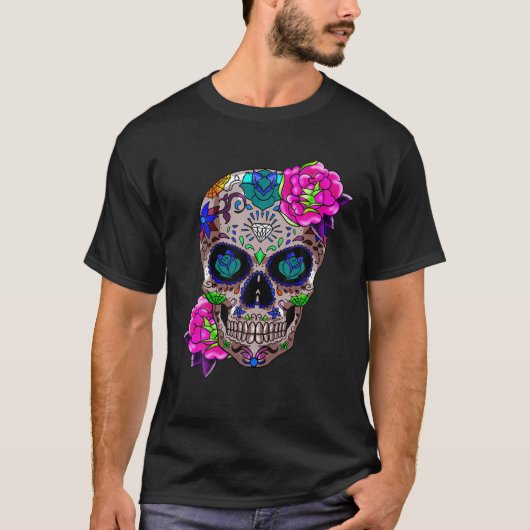 死んだ骨頭スカルの砂糖カッコいいスカル日 Tシャツ (正面)
