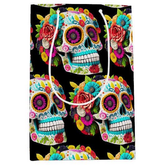 死んカラフルだカラベラスの砂糖スカルの日 ミディアムペーパーバッグ (正面)