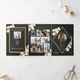 死亡時のお祝い写真白花 三つ折り招待状