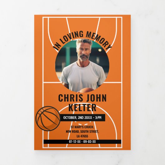死亡記事お祝いの撮影バスケットボール 三つ折り招待状 (カバー)