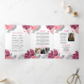 死亡記事お祝いライフ写真ピンクフローラホワイト 三つ折り招待状 (内部)