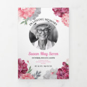 死亡記事お祝いライフ写真ピンクフローラホワイト 三つ折り招待状 (カバー)