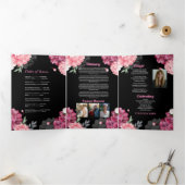 死亡記事お祝いライフ写真ピンクフローラ 三つ折り招待状 (内部)