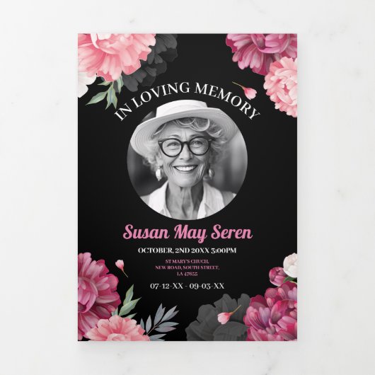 死亡記事お祝いライフ写真ピンクフローラ 三つ折り招待状 (カバー)