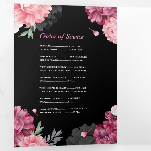 死亡記事お祝いライフ写真ピンクフローラ 三つ折り招待状 (内部最初)