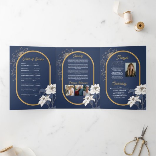 死亡記事お祝い撮影フラワーズネイビー 三つ折り招待状 (内部)