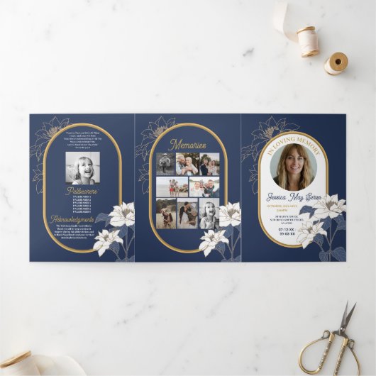 死亡記事お祝い撮影フラワーズネイビー 三つ折り招待状 (外部)