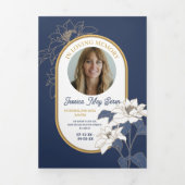死亡記事お祝い撮影フラワーズネイビー 三つ折り招待状 (カバー)