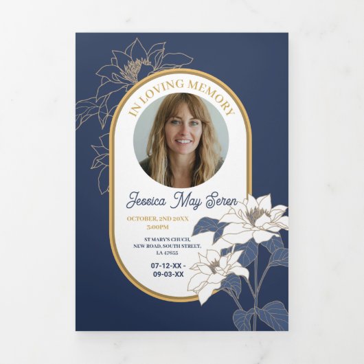 死亡記事お祝い撮影フラワーズネイビー 三つ折り招待状 (カバー)