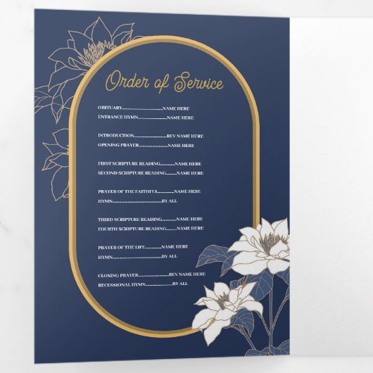 死亡記事お祝い撮影フラワーズネイビー 三つ折り招待状 (内部最初)