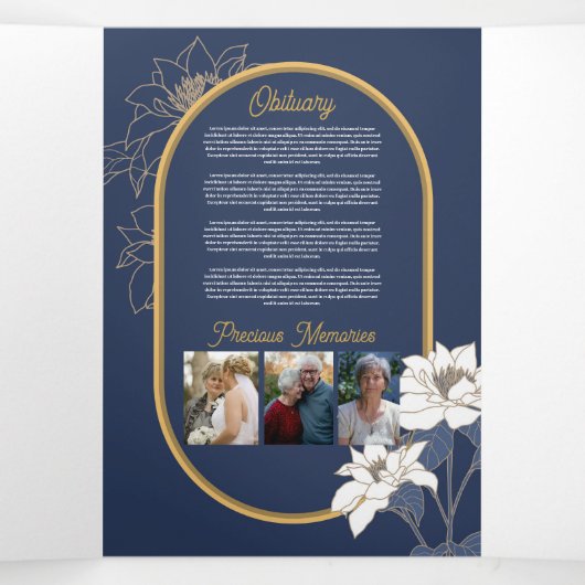 死亡記事お祝い撮影フラワーズネイビー 三つ折り招待状 (内部中)