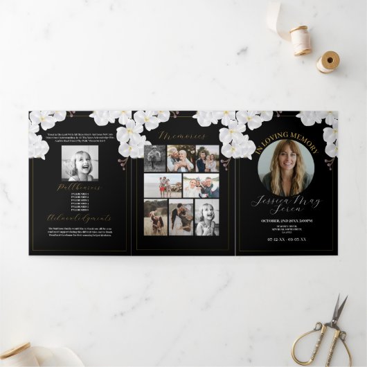 死亡記事お祝い撮影フラワーホワイト 三つ折り招待状 (外部)