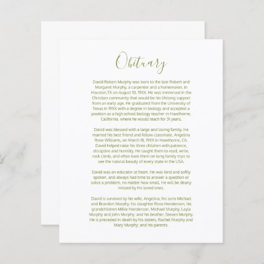 死亡記事の挿入カード (正面/裏面)