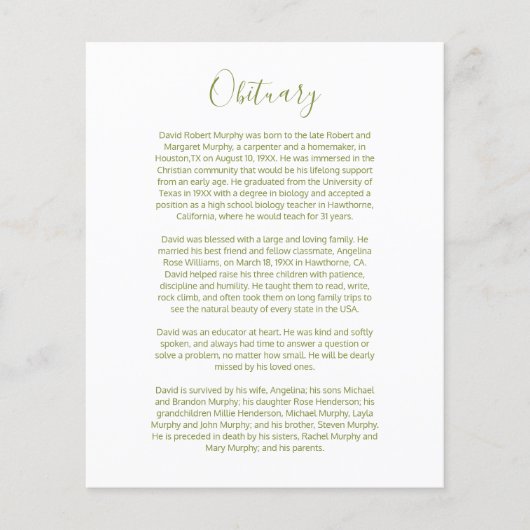 死亡記事の挿入カード (正面)