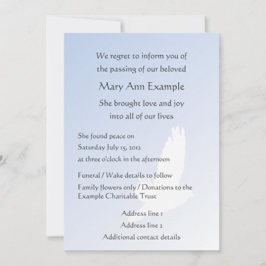 死亡/通過のカスタマイズ可能な発表 招待状 (裏面)