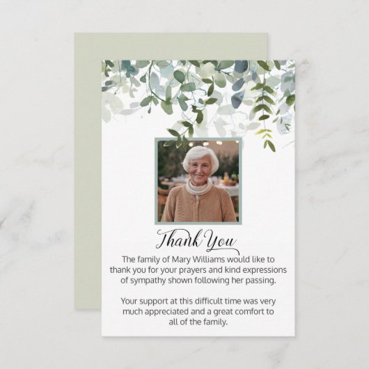 死別の写真グリーンリー葬儀ありがとう サンキューカード (正面/裏面)