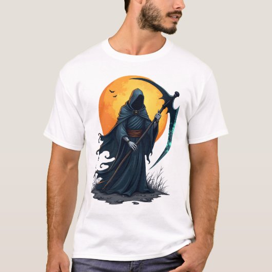 死神と鎌のデザイン � スケアリー ハロウィンTシャツ Tシャツ (正面)