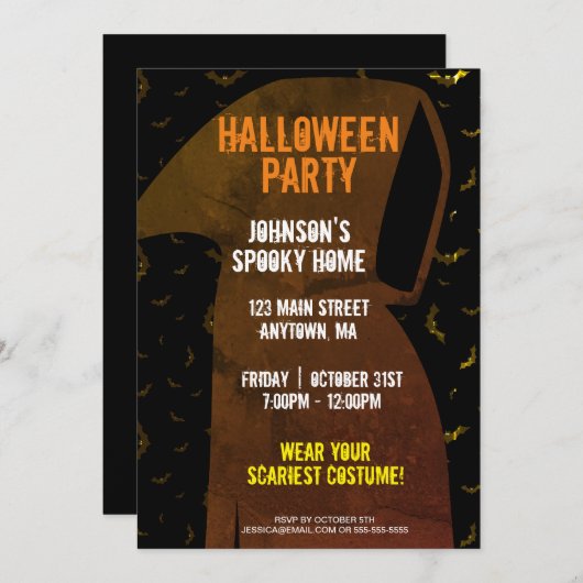 死神のこうもり飛んでいるハロウィーン 招待状 (正面/裏面)