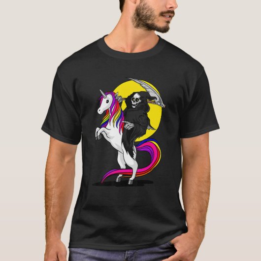 死神のスケルトン死に乗るユニコーンハロウィー Tシャツ (正面)
