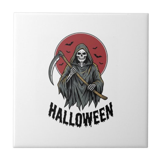 死神のハロウィン ビンテージ風の彫刻アート_1 タイル (正面)