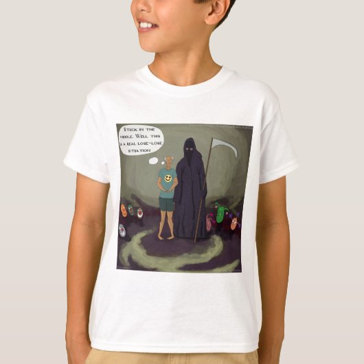 死神の真ん中に立ち往生するおもしろい Tシャツ (正面)