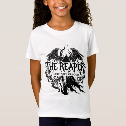 死神ゴシックタイポグラフィとダークエンジェルアート Tシャツ (正面)