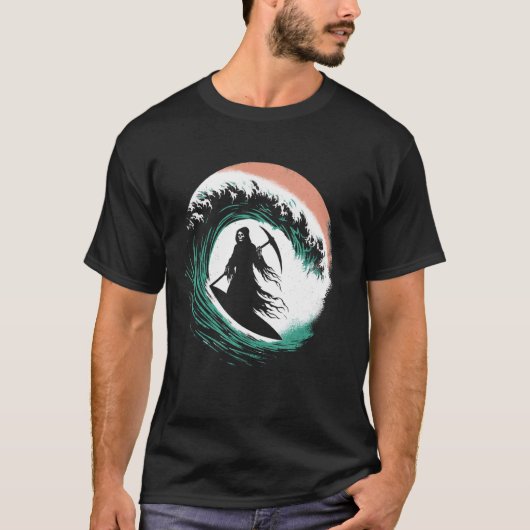 死神サーフィン – ハロウィン不気味のコスチューム・シュール Tシャツ (正面)