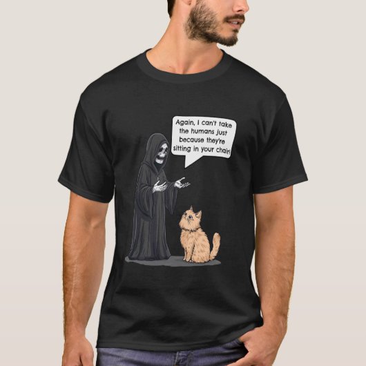 死神 vs 猫 笑える子猫ジョーク tシャツ (正面)