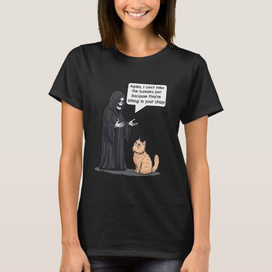死神VS猫 笑える子猫ジョーク Tシャツ (正面)