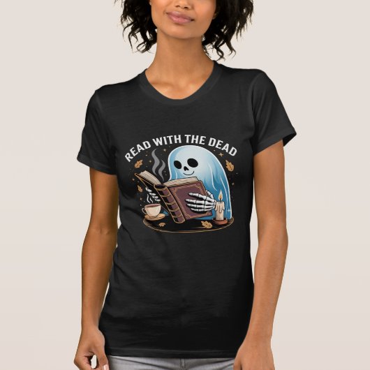 死者と読書を — ほのぼのスケルトンの読書タイム Tシャツ (正面)