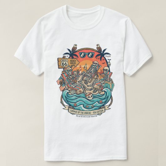 死者の夏 スケルトンビーチTシャツ | 楽しい Tシャツ (デザイン正面)