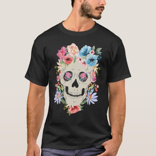 死者の日のための花のメキシカンスカル Tシャツ (正面)