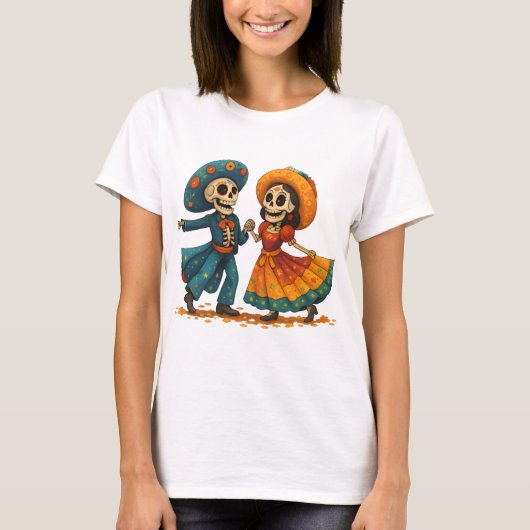 死者の日のダンシングスケルトンカップル Tシャツ (正面)
