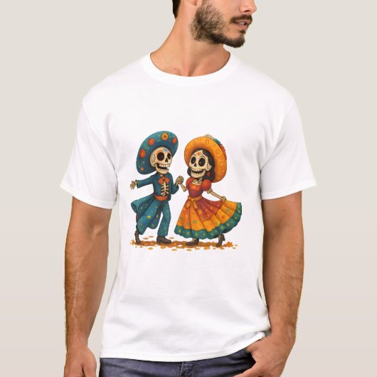死者の日のダンシングスケルトンカップル Tシャツ (正面)
