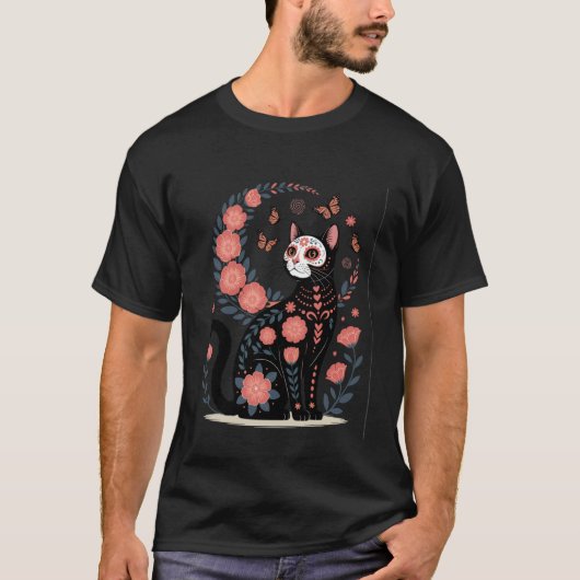 死者の日のネコ・スイーツドクロ・花 Tシャツ (正面)