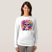 死者の日の花の砂糖の骸骨アート Tシャツ (正面フル)