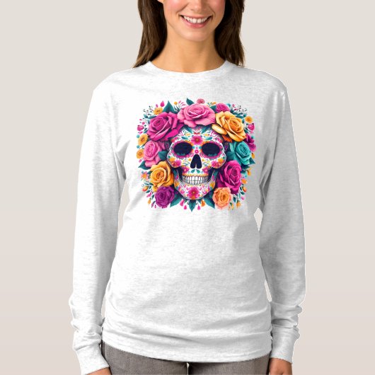 死者の日の花の砂糖の骸骨アート Tシャツ (正面)
