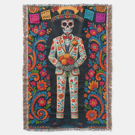 死者の日 ウェディング スケルトン 花婿 スローブランケット (正面縦)