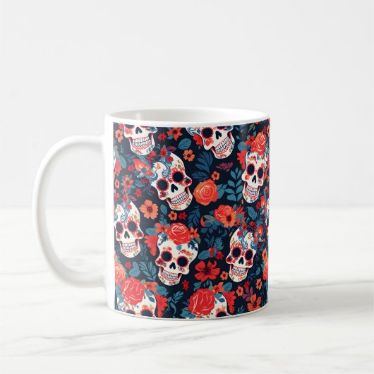 💀死者の日、カラフルなドクロ コーヒーマグカップ (左)