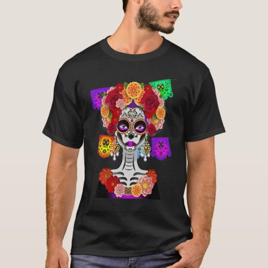 死者の日 コスチューム ラ・カトリーナ ドクロ 花 Tシャツ (正面)