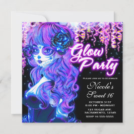 死者の日 スカルガール グロー ネオンパーティ 招待状