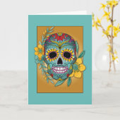 死者の日 ティールとマリーゴールドのドクロと花 カード (黄色い花)