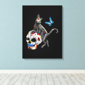 死者の日 猫 スカル 蝴蝶 キャンバスプリント (インサイチュ (ウッドフロア))