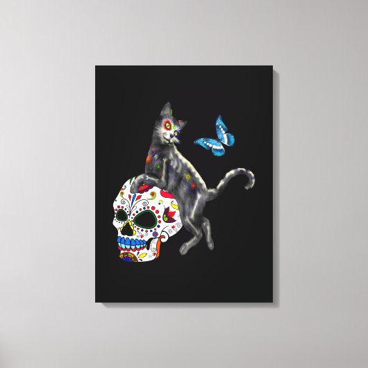 死者の日 猫 スカル 蝴蝶 キャンバスプリント (正面)