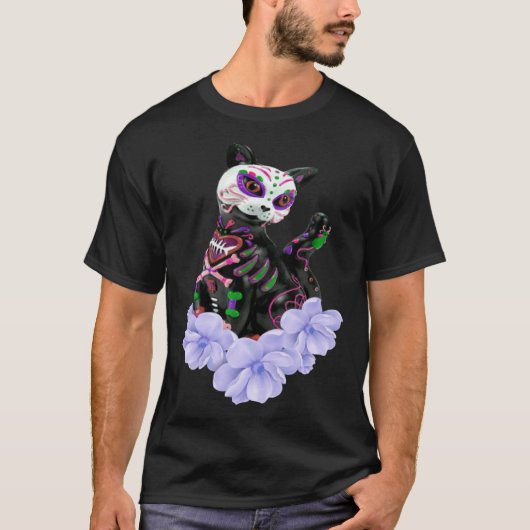 死者の日 砂糖の髑髏 猫 紫の花 Tシャツ (正面)