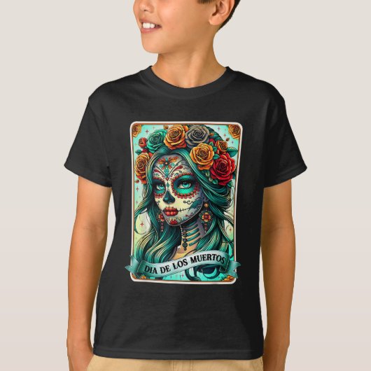 死者の日 薔薇 花 女性 死者の日 Tシャツ (正面)