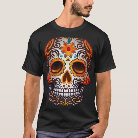 死者の日 骸骨 砂糖の髑髏 花柄 スカル 骨 Tシャツ (正面)